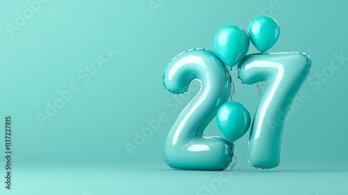 The number 27 made of blue balloons, surrounded by smaller pastel-colored balloons, on a teal background. photo