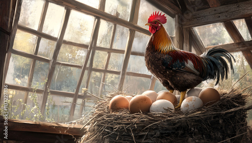 A rooster sits on a nest of eggs in a hen house. Eggs are white and brown.