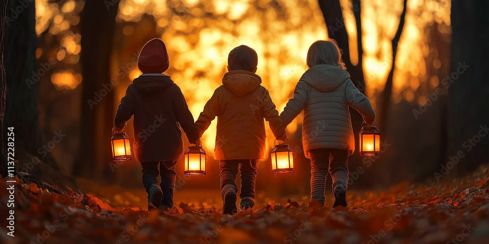Fototapeta premium Children walking in forest at sunset holding lanterns