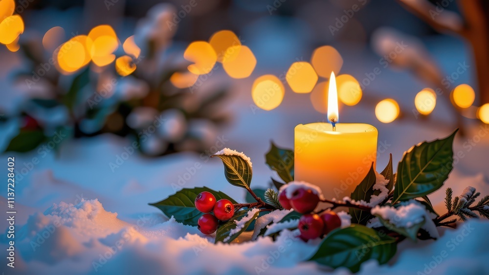 an enchanting winter scene, evoking the warmth and coziness of christmas eve. in the foreground, a vibrant yellow candle stands tall amidst a snowy landscape, its flame flickering gently as it casts an enchanting winter scene, evoking the warmth and coziness of christmas eve. in the foreground, a vibrant yellow candle stands tall amidst a snowy landscape, its flame flickering gently as it casts
