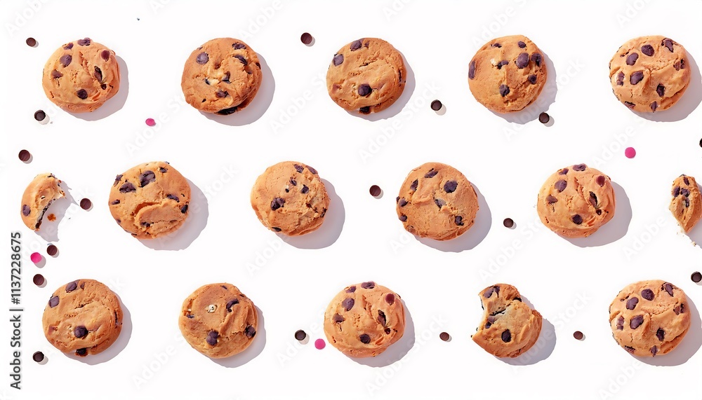 Obraz premium Vector pattern of cookies with chocolate chips. Cookie day. Box, packaging of cookies with chocolate crumbs. cookies with chocolate chips. Cookie day isolated vector illustration, logo, icon cutout
