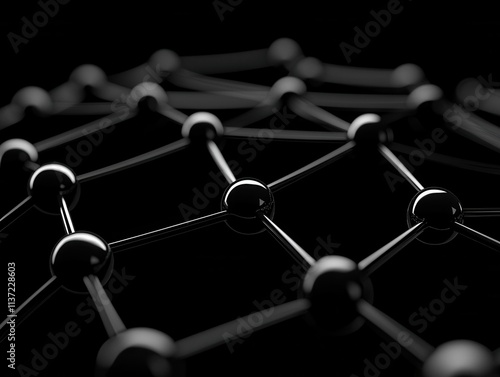 A close-up view of a 3D molecular structure featuring interconnected spheres and lines, showcasing a network-like arrangement against a dark background. photo