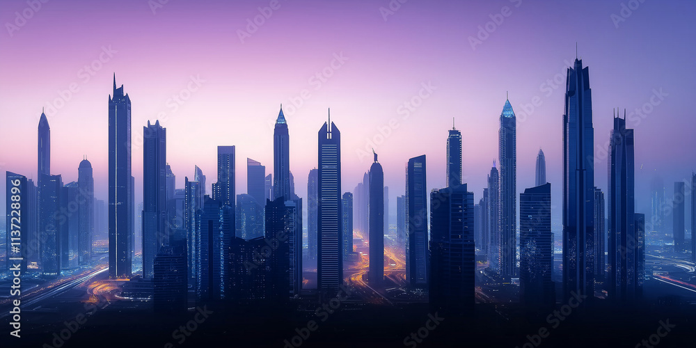 Fototapeta premium Dubai marina skyline emerging from the purple haze of dawn