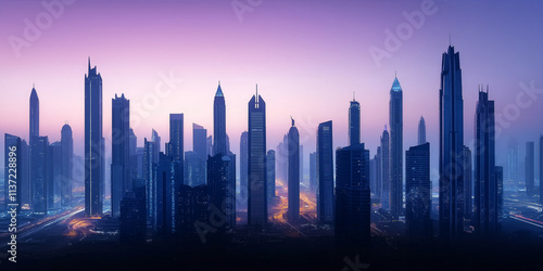 Dubai marina skyline emerging from the purple haze of dawn