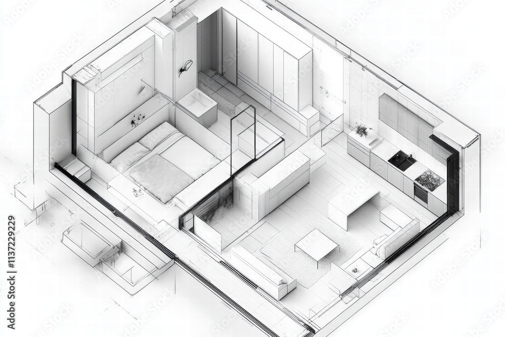 Isometric Sketch of Modern Studio Apartment Isometric Sketch of Modern Studio Apartment