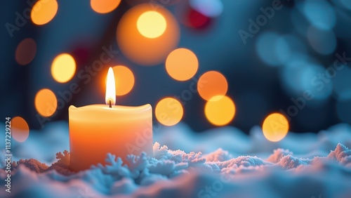 showcases an orange candle situated on a bed of snow, radiating a warm and inviting glow. • the soft lighting creates a cozy ambiance. • the snow adds a touch of winter wonderland charm. • the photo