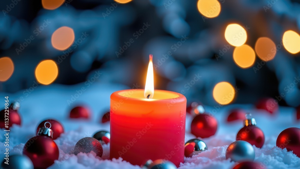 features a lit red candle surrounded by festive christmas ornaments, evoking a cozy holiday ambiance. the vibrant red pillar candle is adorned with an orange glow at its top and rests on a bed of features a lit red candle surrounded by festive christmas ornaments, evoking a cozy holiday ambiance. the vibrant red pillar candle is adorned with an orange glow at its top and rests on a bed of