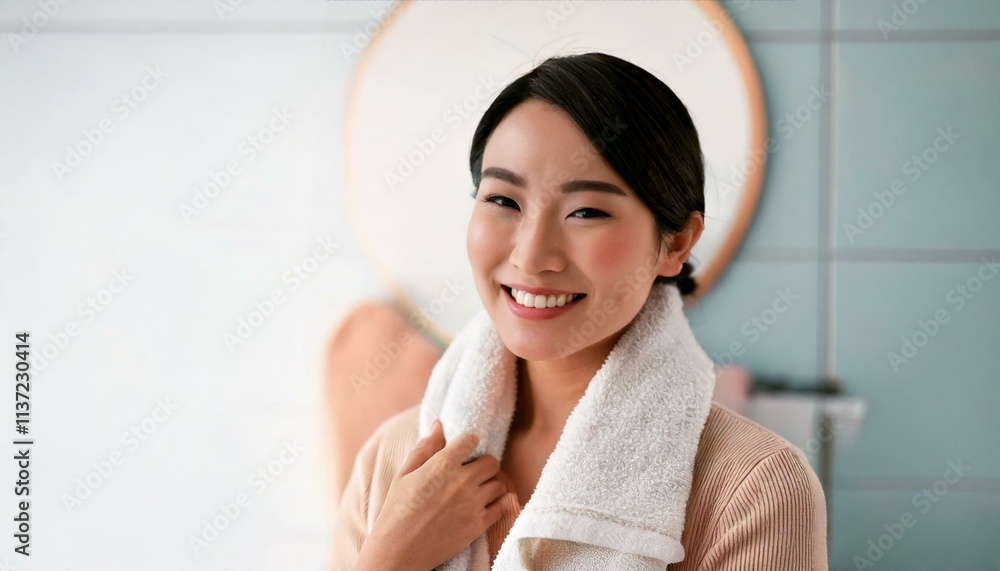洗った顔をタオルで拭く女性 洗った顔をタオルで拭く女性