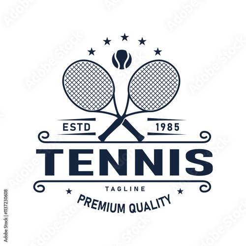 Retro Vintage Crossed Tennis Racket and Ball Logo Design, Sports Tournament Vector Illustration
