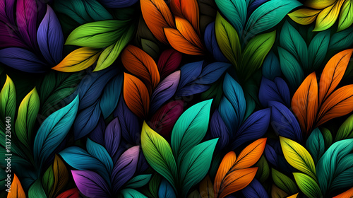 Colorful foliage creating vibrant and lush jungle pattern