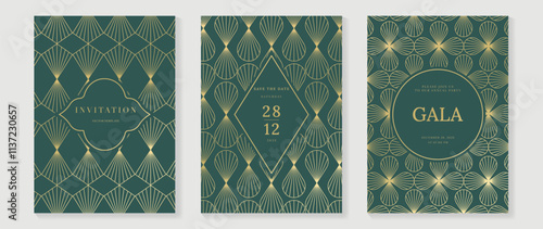 Gala invitation luxury pattern cover vector set. Golden elegant wavy gold line pattern on sage green background. Premium design illustration for wedding, vip cover template, grand opening, flyer.