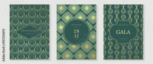 Gala invitation luxury pattern cover vector set. Golden elegant wavy gold line pattern on sage green background. Premium design illustration for wedding, vip cover template, grand opening, flyer.