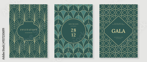 Gala invitation luxury pattern cover vector set. Golden elegant wavy gold line pattern on sage green background. Premium design illustration for wedding, vip cover template, grand opening, flyer.