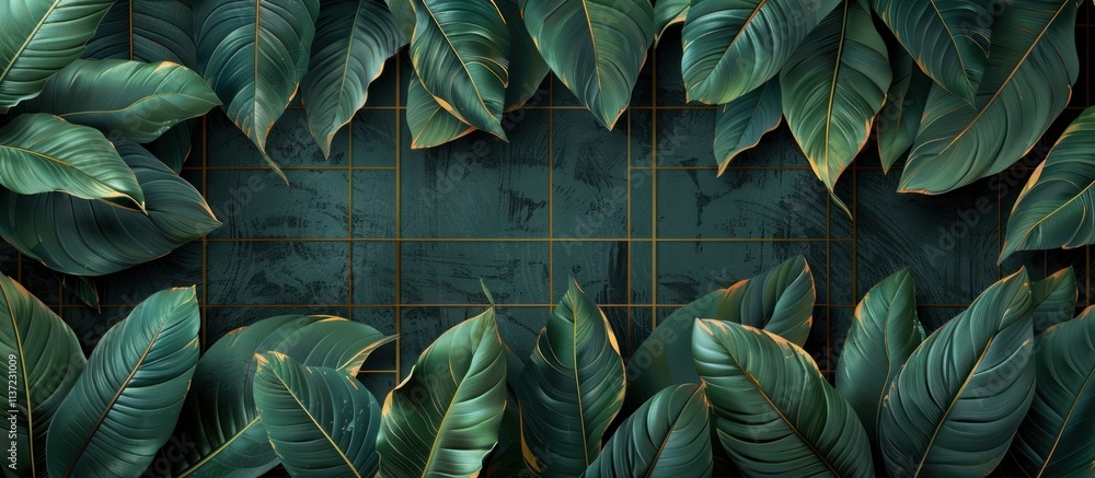 Fototapeta premium Green Tropical Leaves Against a Tile Background