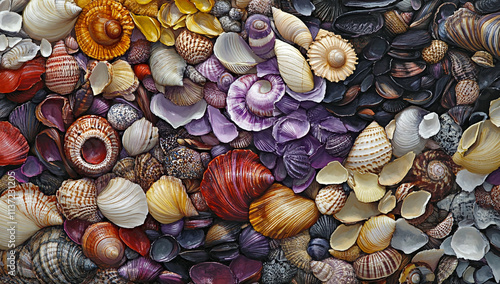 Piles of colorful seashells and oysters line the beach in an intricate pattern.