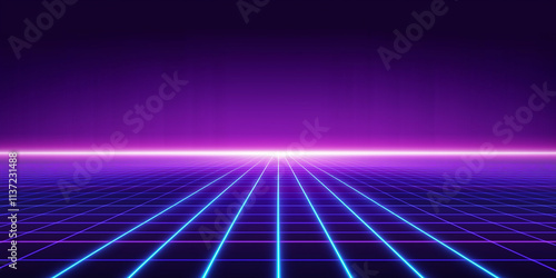 Neon retro synthwave grid creating an endless perspective in digital world