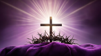 Crown of thorns and cross glowing with purple background symbolizing jesus christ's sacrifice