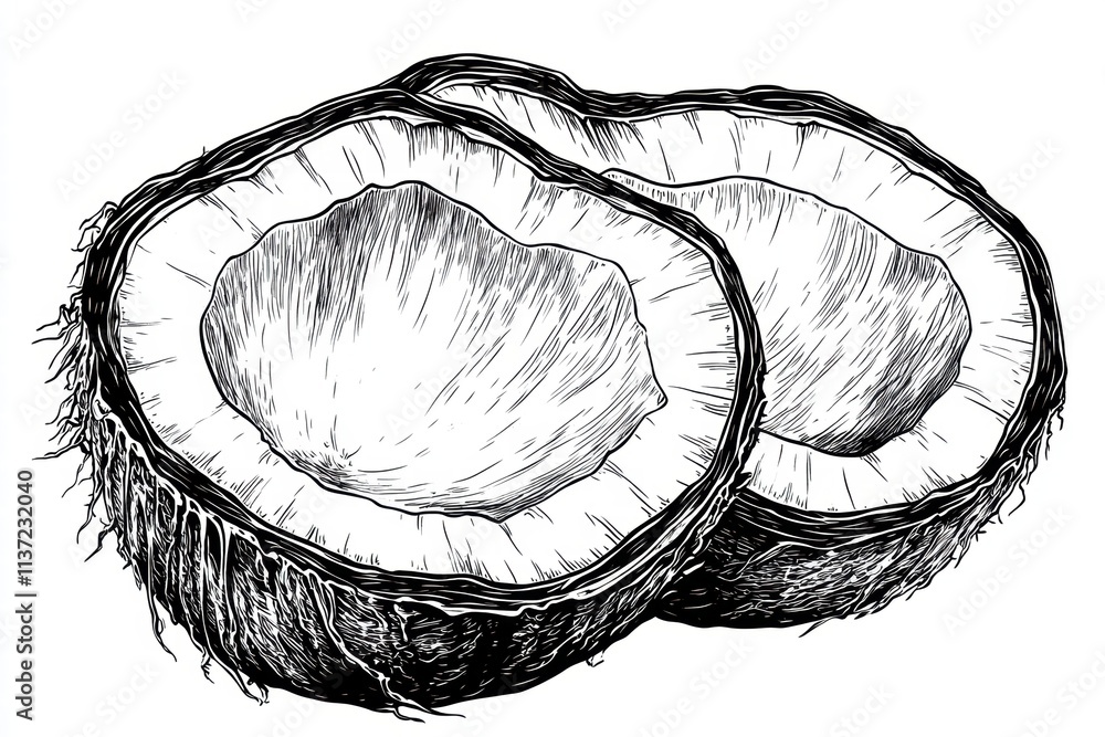 Halved Coconut in Black and White Line Art Halved Coconut in Black and White Line Art