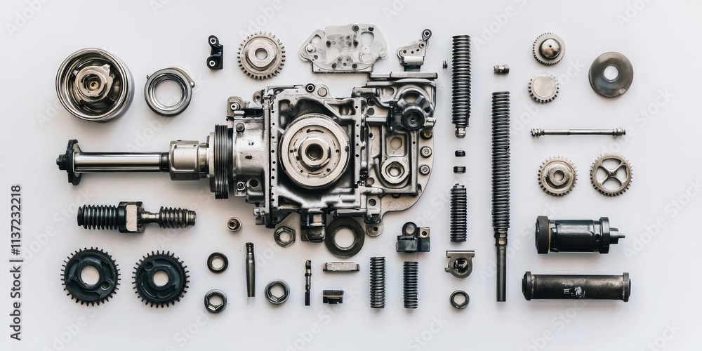 A disassembled view of an engine, showing the various components and parts on a white background, generative AI A disassembled view of an engine, showing the various components and parts on a white background, generative AI