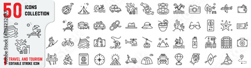 Travel and Tourism editable stroke icons, Tourism icons also include safari, beach, wanderlust, hiking, cruise ship, road trip, beach resort  photo