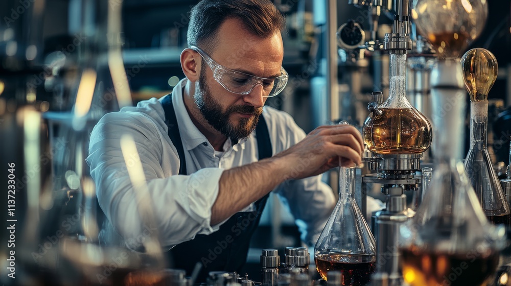 A focused scientist conducts experiments in a laboratory, surrounded by glassware and various chemical substances. A focused scientist conducts experiments in a laboratory, surrounded by glassware and various chemical substances.