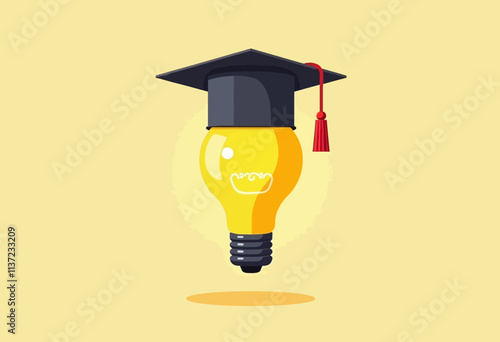 Bright Yellow Light Bulb with Graduation Cap: A Minimalist Educational Icon Design in Flat Vector Art Style