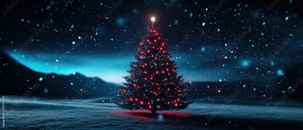 Naklejka premium A Christmas tree is lit up in the snow