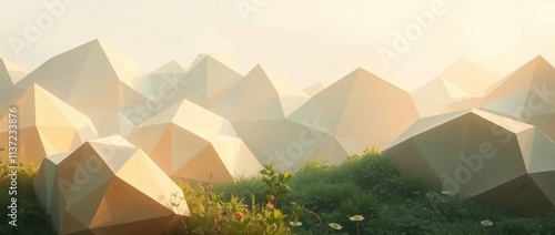 A serene landscape of polygonal mountains with soft lighting and greenery.