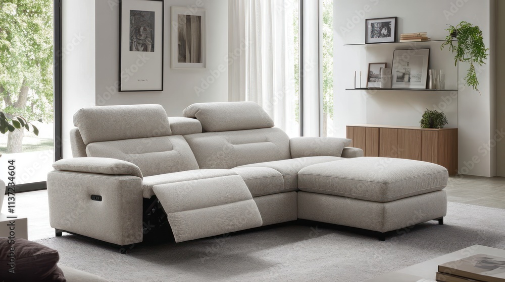 Fototapeta premium Modern beige fabric reclining sectional sofa in contemporary living room.