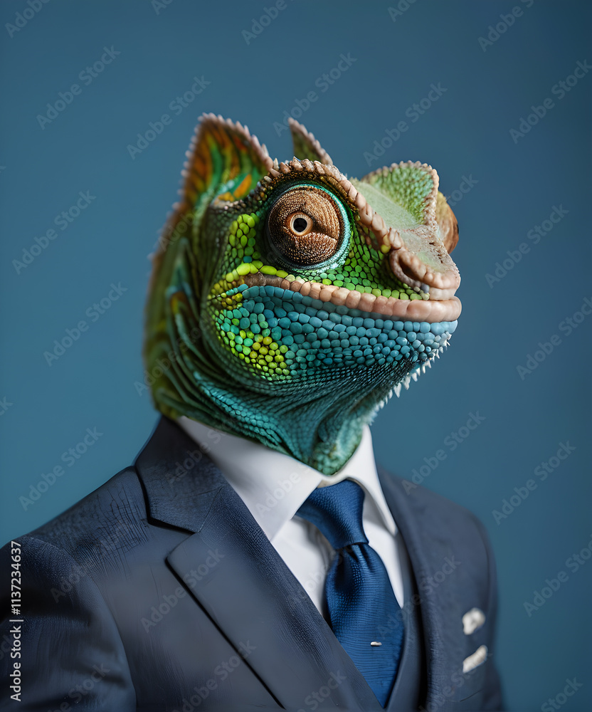 A chameleon dressed in a suit and tie against a blue backdrop. A chameleon dressed in a suit and tie against a blue backdrop.
