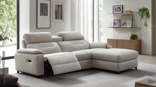 Modern beige fabric reclining sectional sofa in contemporary living room.