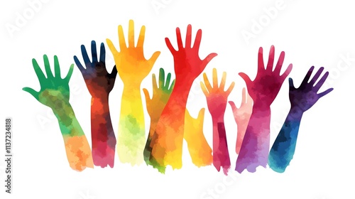 Colorful hands raised in unity and diversity