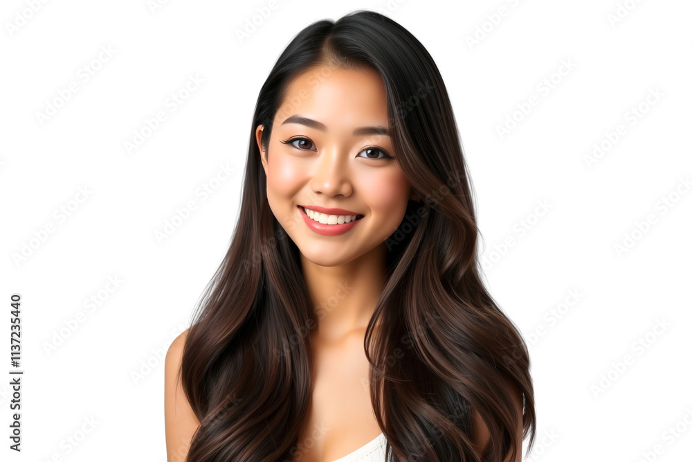 Young beautiful Asian woman smiling with long brunette hair, beauty concept, isolated on transparent background Young beautiful Asian woman smiling with long brunette hair, beauty concept, isolated on transparent background