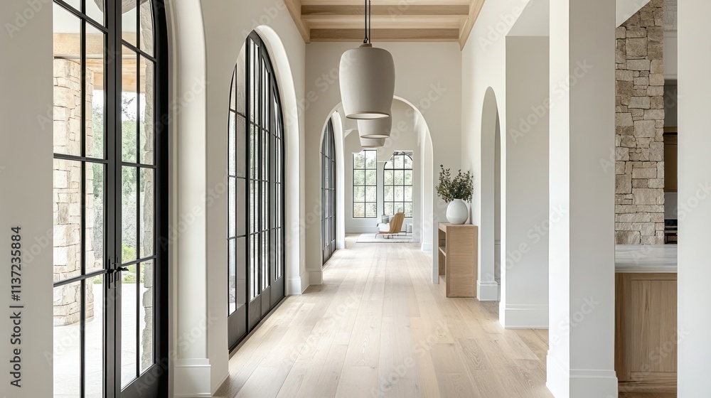 Obraz premium Light-filled hallway with arched doorways, hardwood floors, and natural light.