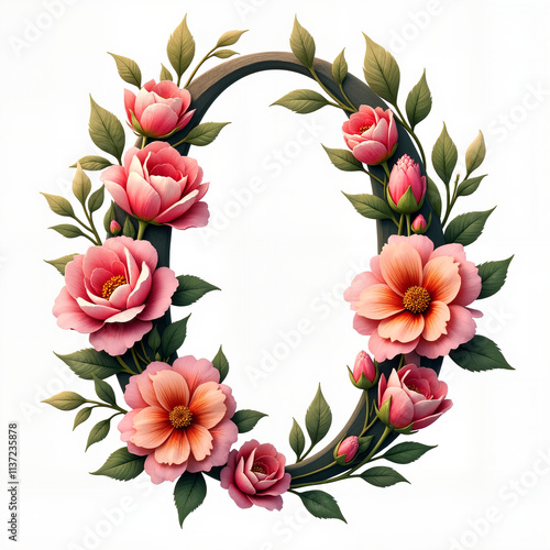 Floral wreath in the shape of letter O with pink roses and green leaves on a white background photo