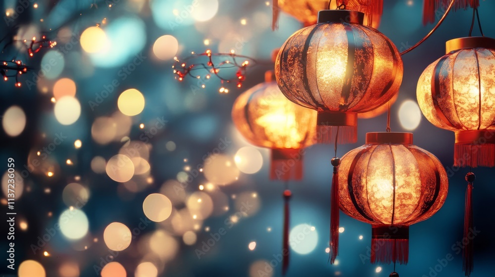 Colorful lanterns glow softly against a blurred background, creating a warm, festive atmosphere filled with twinkling lights. Colorful lanterns glow softly against a blurred background, creating a warm, festive atmosphere filled with twinkling lights.