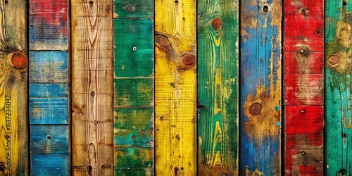 A vibrant tapestry of weathered wooden planks, each a unique canvas of faded hues and peeling paint, creating an abstract symphony of color and texture.