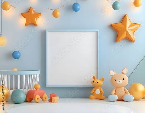 Playful and Cheerful Nursey Scene with Colorful Toys and Decorations Against a Light Blue Background Ideal for Baby Room Design and Childhood Memories