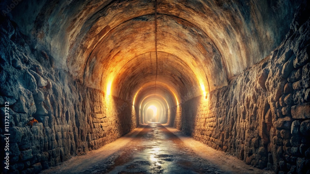 Naklejka premium A tunnel of rough-hewn stone illuminated by a distant light, offering a glimpse of the unknown beyond
