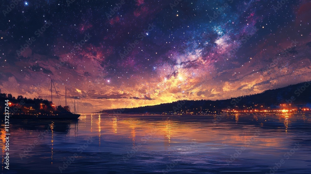 A serene twilight scene over a reflective body of water, showcasing a vibrant sky filled with stars. A serene twilight scene over a reflective body of water, showcasing a vibrant sky filled with stars.