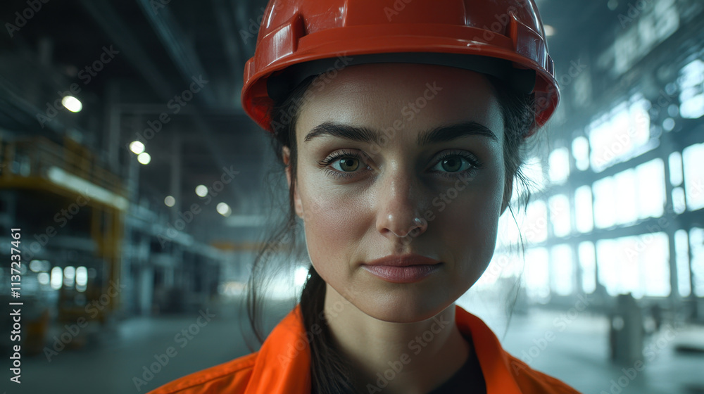 Close up of female engineer wearing orange safety helmet in industrial setting, showcasing determination and focus. background features spacious factory environment Close up of female engineer wearing orange safety helmet in industrial setting, showcasing determination and focus. background features spacious factory environment