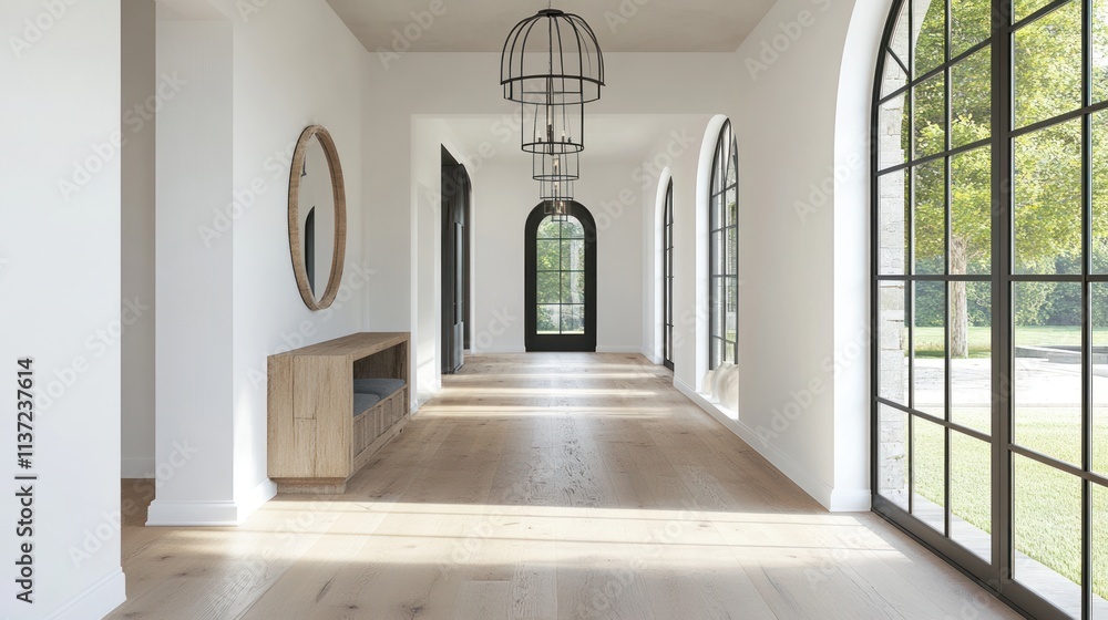 Sunlit hallway with arched windows, wood floor, and modern console table. Sunlit hallway with arched windows, wood floor, and modern console table.