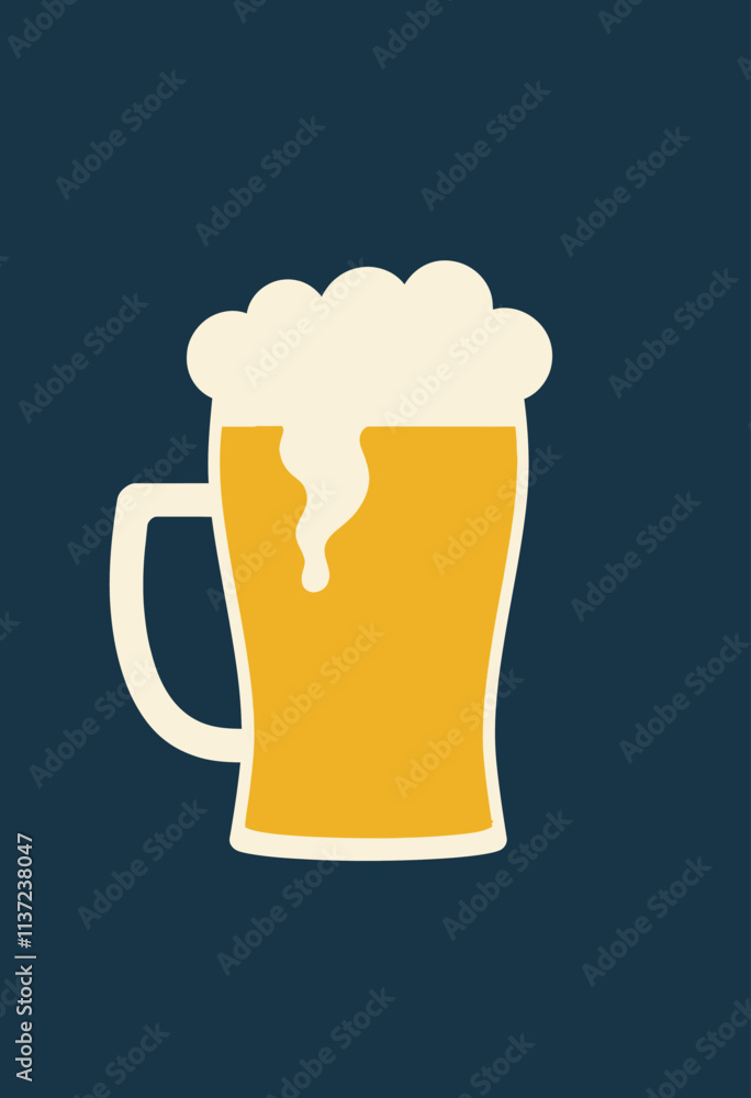 Minimalist Beer Mug Icon: Flat Design Featuring Golden Beer with White Foam on a Navy Blue Background, Perfect for Clean and Simple Illustrations Minimalist Beer Mug Icon: Flat Design Featuring Golden Beer with White Foam on a Navy Blue Background, Perfect for Clean and Simple Illustrations