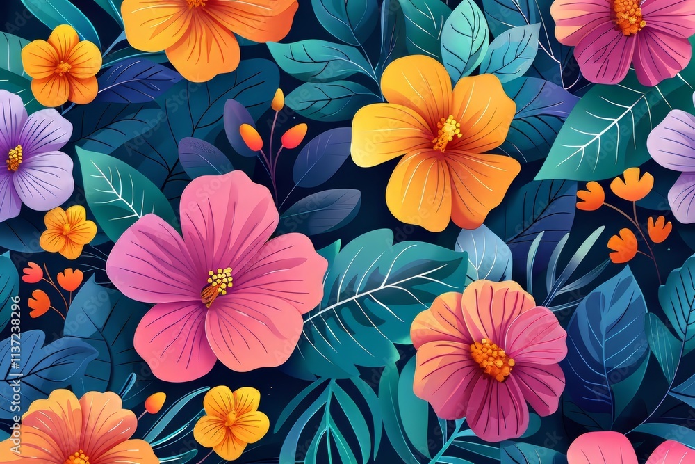 custom made wallpaper toronto digitalVibrant floral pattern featuring hibiscus flowers in various colors.