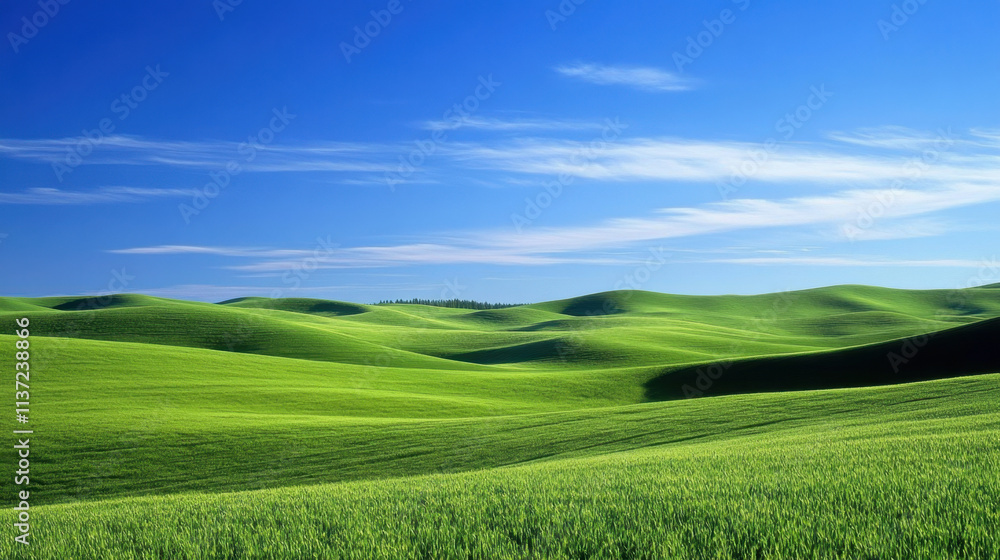Lush green grassy hills under bright blue sky create serene landscape. rolling hills evoke sense of tranquility and natural beauty, perfect for outdoor enthusiasts Lush green grassy hills under bright blue sky create serene landscape. rolling hills evoke sense of tranquility and natural beauty, perfect for outdoor enthusiasts