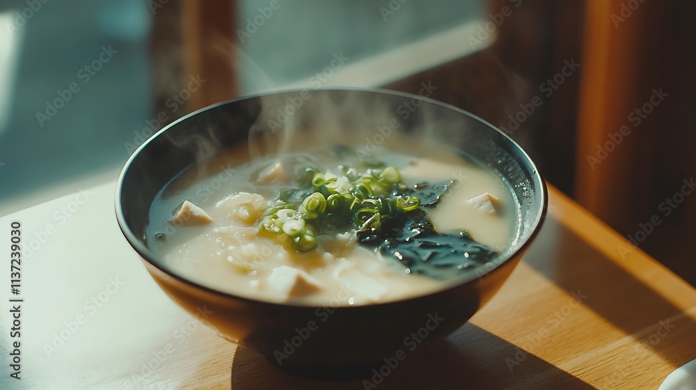 Steaming Bowl Of Miso Soup With Tofu And Seaweed Steaming Bowl Of Miso Soup With Tofu And Seaweed