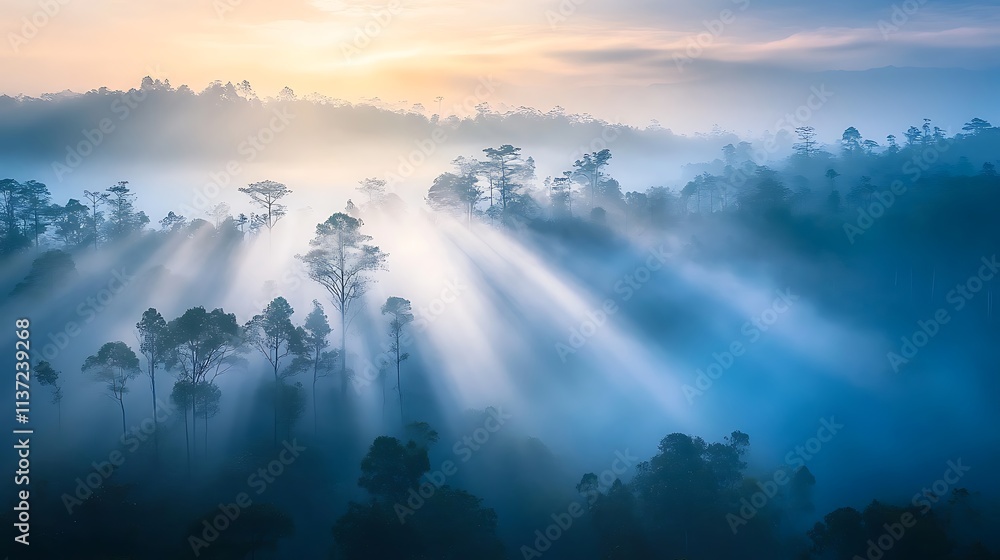 Sunbeams Illuminate Misty Forest Trees at Dawn Sunbeams Illuminate Misty Forest Trees at Dawn