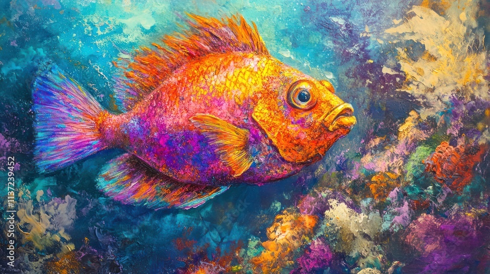 Fototapeta premium Vibrant orange fish swimming amidst colorful coral reef.