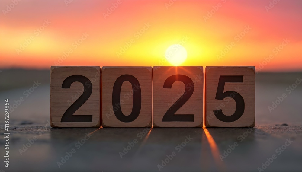 Wooden block numbers showing 2025 during a bright sunset with glowing sun, symbolizing hope, new beginnings, and future aspirations Wooden block numbers showing 2025 during a bright sunset with glowing sun, symbolizing hope, new beginnings, and future aspirations