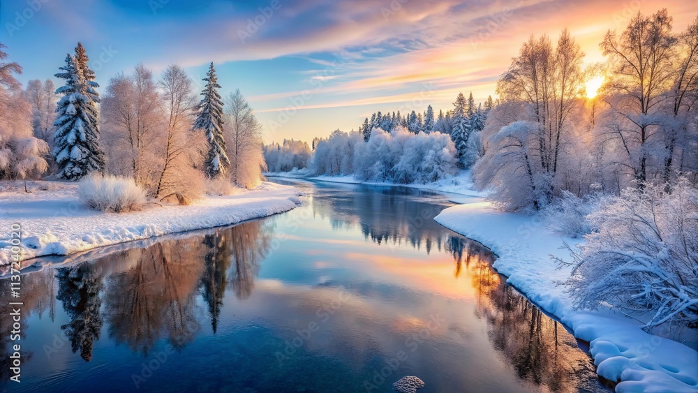 Winter's Embrace A Serene River Flowing Through a Snow-Covered Forest, Bathed in the Golden Light of a Rising Sun Winter's Embrace A Serene River Flowing Through a Snow-Covered Forest, Bathed in the Golden Light of a Rising Sun